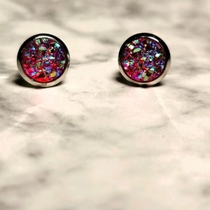 Red Druzy Stud Earrings